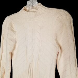 Marled Cream Ribbed Mock Neck Fisherman Sweater XS Soft Cozy Outdoor